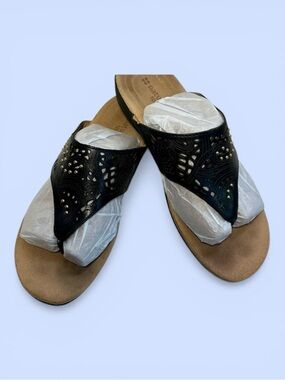 naturalizer N5 Comfort Wedge Sandals Flip Flops Tooled Pierced Blk Leather Sz 6‎
